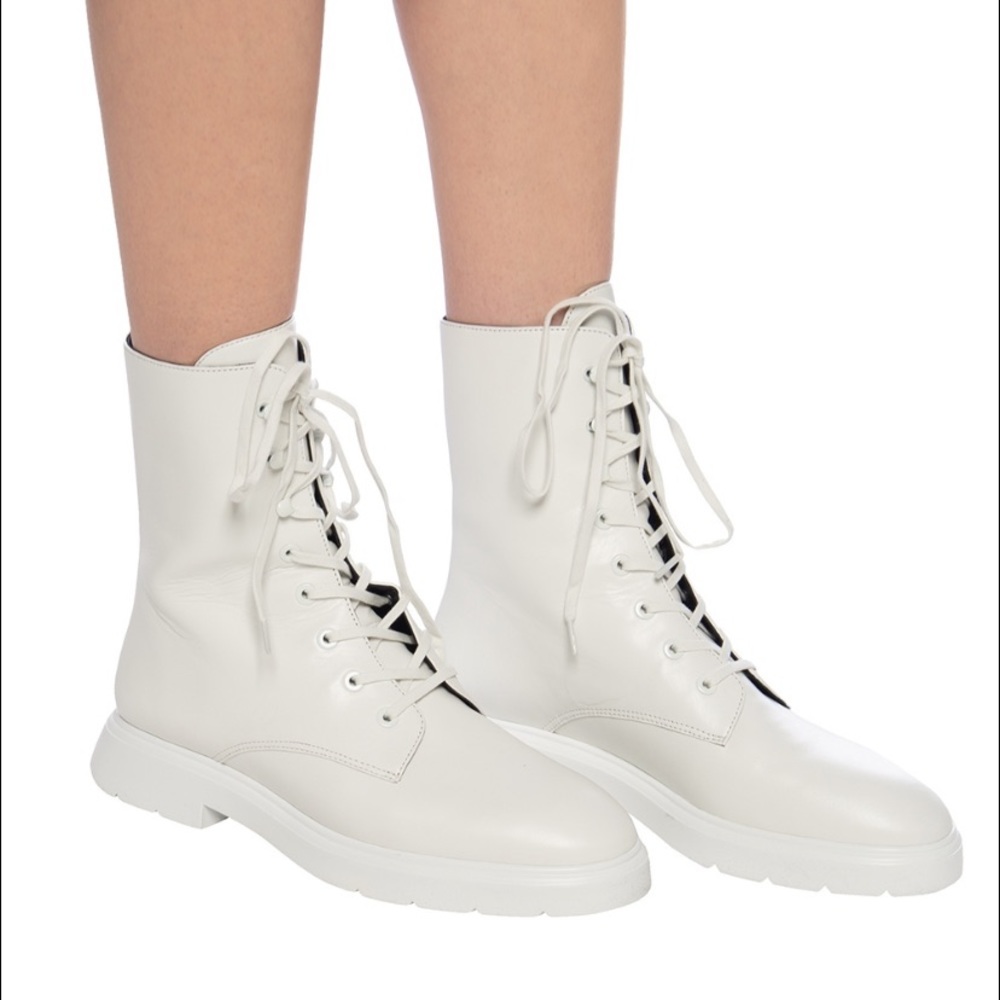 Stuart Weitzman Cream Lace-Up Leather Combat Boots